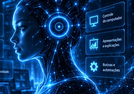 Interface futurista do agente Souza AI com controle do computador, apresentações e rotinas
