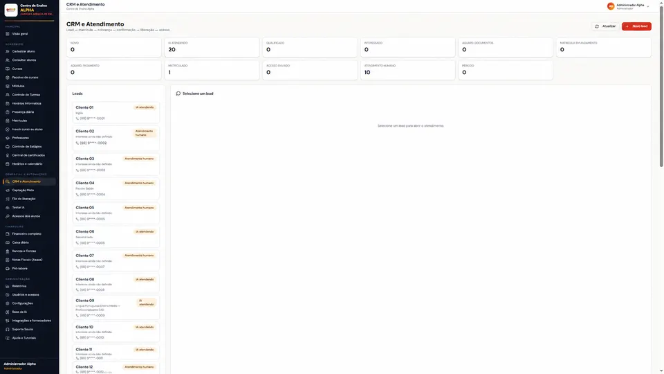 Tela real: CRM e Atendimento