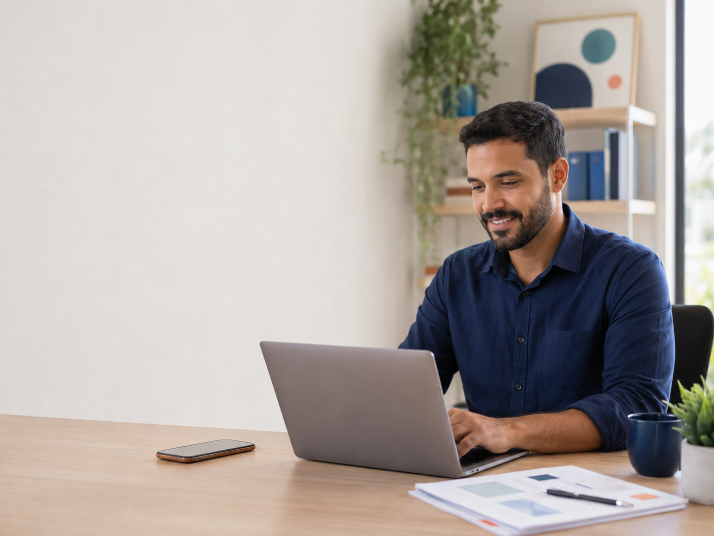 Profissional trabalhando em um notebook com documentos organizados